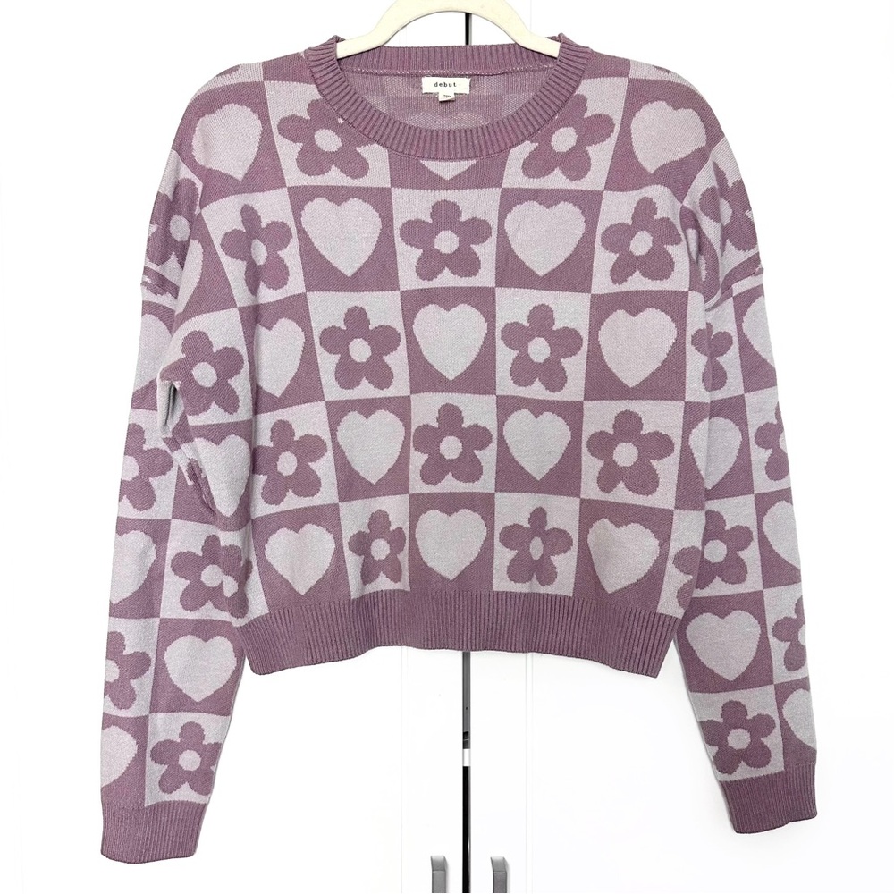 Debut checkered heart flower sweater  | Size M  | Purple - Picture 2 of 2